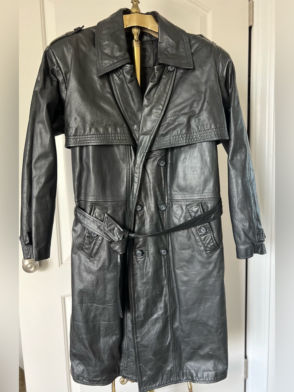 Vintage Castelli Leather Clothing Black Leather Double Breasted Trench Coat -Med